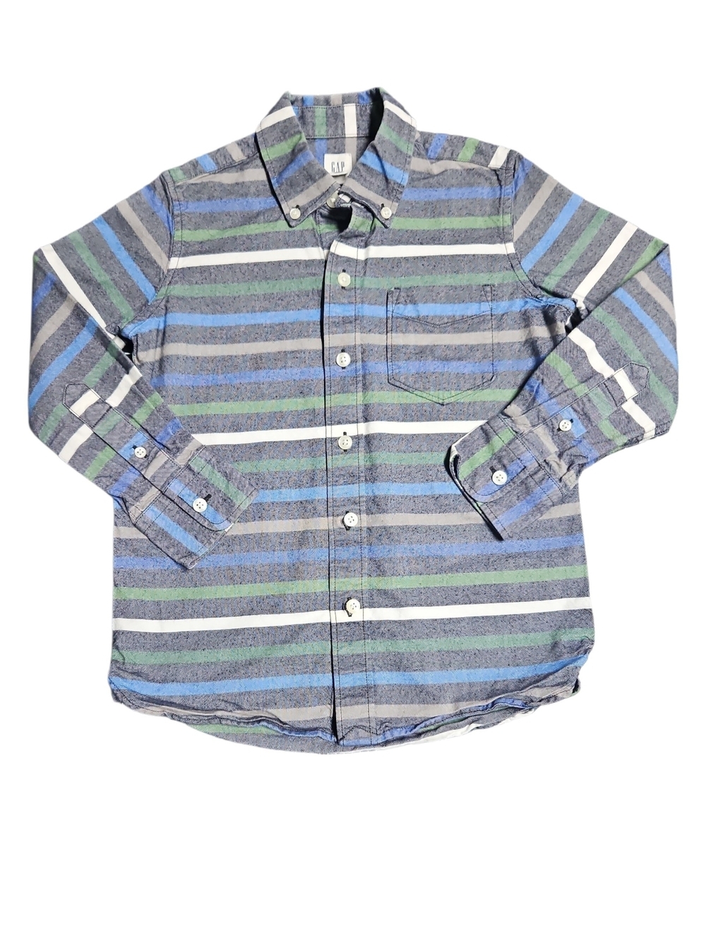 GAP Boys Blue, Green & Gray Striped Button-Down Long Sleeve Shirt Size Small 6-7
